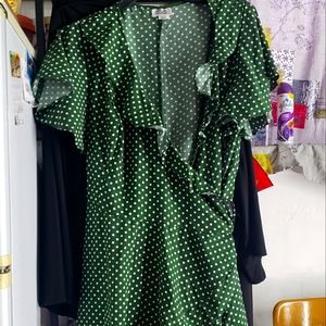 Antique Vintage Wrap around green white polkadot dress